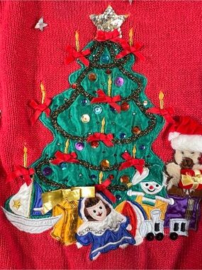 Vintage Joule Energy Christmas Sweater Red Embellished Applique Sequin Retro 80s